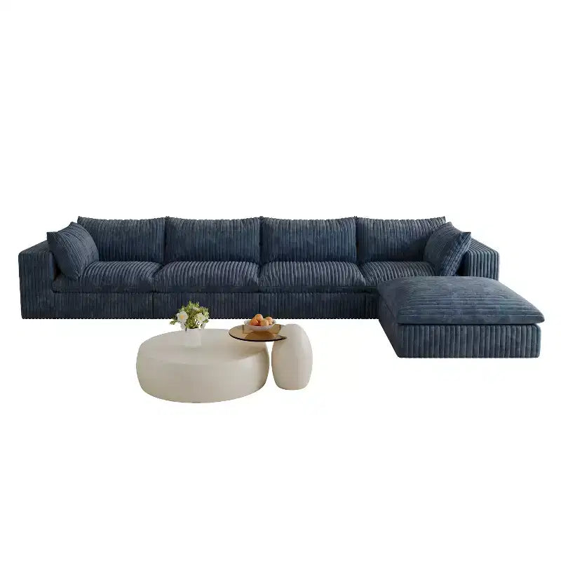 GDFStudio Jocelyn Divano Sezionale a L Moderno a 4 Posti in Tessuto a Coste e Imbottitura in Piuma con Pouf