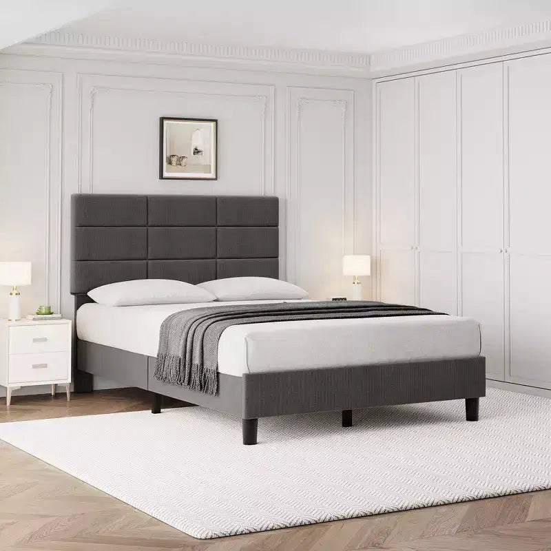 Cadre de lit plateforme moderne, cadre de lit rembourré en lin avec tête de lit réglable en hauteur et lattes en bois solides, aucun sommier tapissier requis
