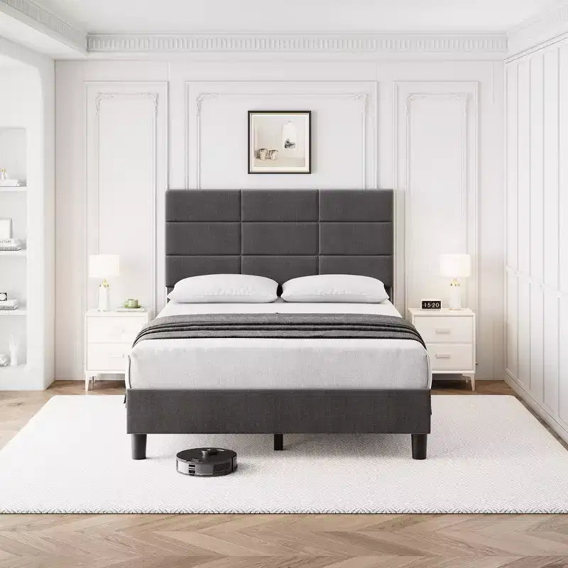 Cadre de lit plateforme moderne, cadre de lit rembourré en lin avec tête de lit réglable en hauteur et lattes en bois solides, aucun sommier tapissier requis