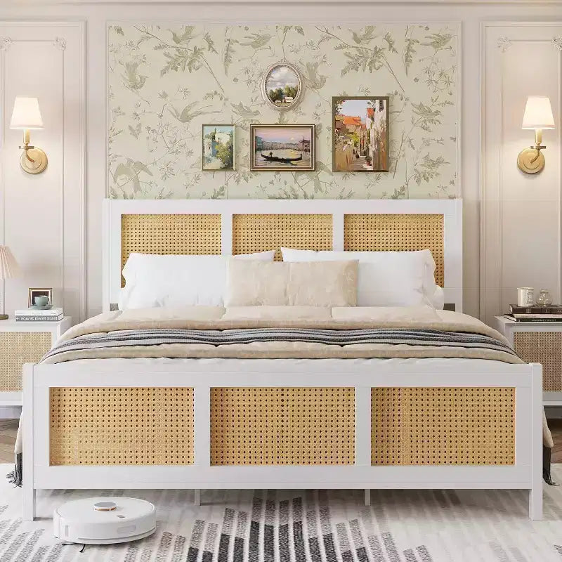 Queen Rattan Bed Frame with Headboard, White/Natural Platform Bed with Metal Slats, 14 Storage Space, No Box Spring Needed