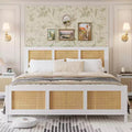 Queen Rattan Bed Frame with Headboard, White/Natural Platform Bed with Metal Slats, 14 Storage Space, No Box Spring Needed