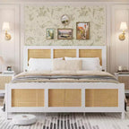 Queen Rattan Bed Frame with Headboard, White/Natural Platform Bed with Metal Slats, 14 Storage Space, No Box Spring Needed