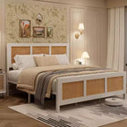 Letto Matrimoniale in Rattan con Testiera, Piattaforma Bianca/Naturale con Doghe in Metallo, Spazio Contenitivo di 14 Pollici, Non Richiede Rete a Molle