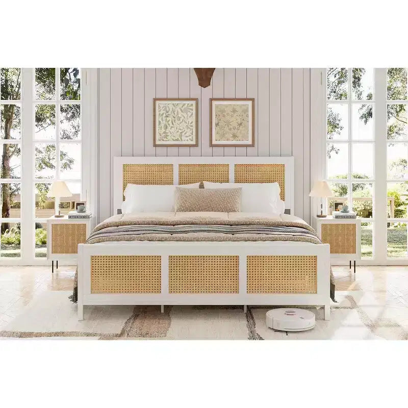 Letto Matrimoniale in Rattan con Testiera, Piattaforma Bianca/Naturale con Doghe in Metallo, Spazio Contenitivo di 14 Pollici, Non Richiede Rete a Molle