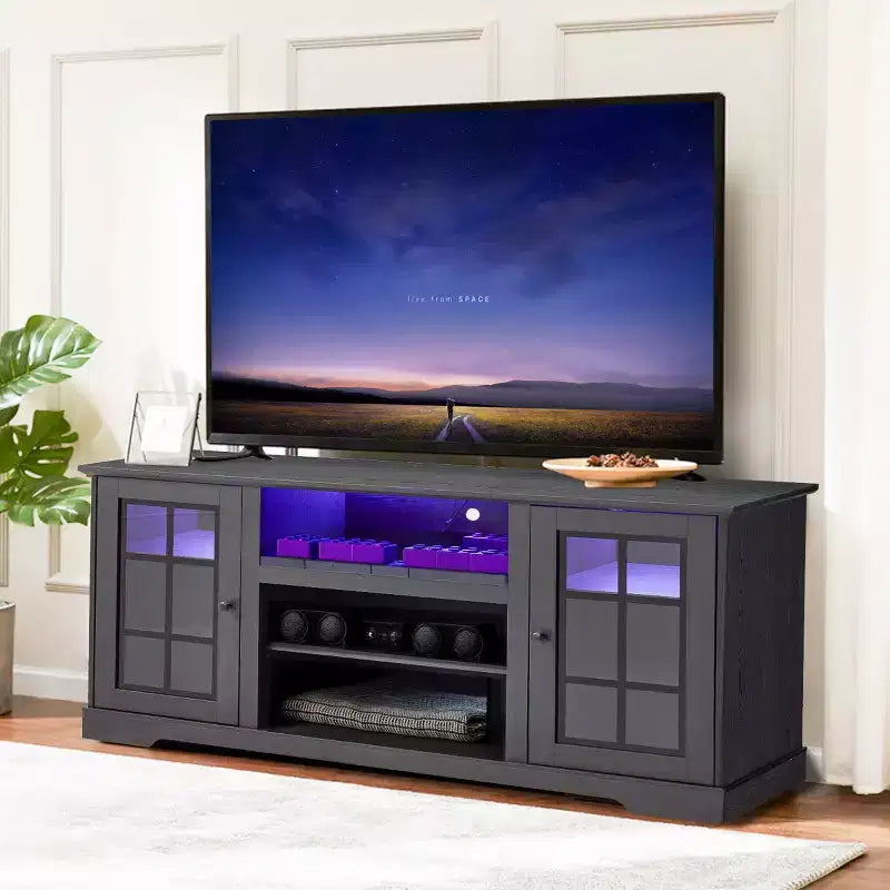 EROMMY Tv Stand With Tempered Glass Door For Tvs Up To 65