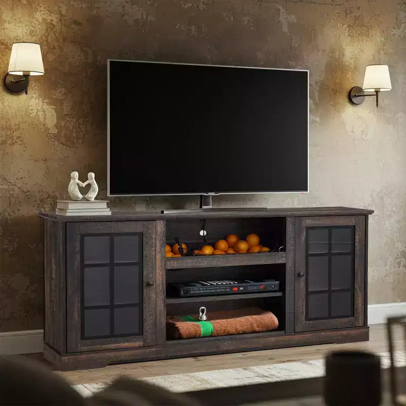 Meuble TV EROMMY avec porte en verre trempé pour téléviseurs jusqu'à 65 pouces
