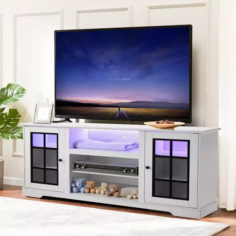 Meuble TV EROMMY avec porte en verre trempé pour téléviseurs jusqu'à 65 pouces