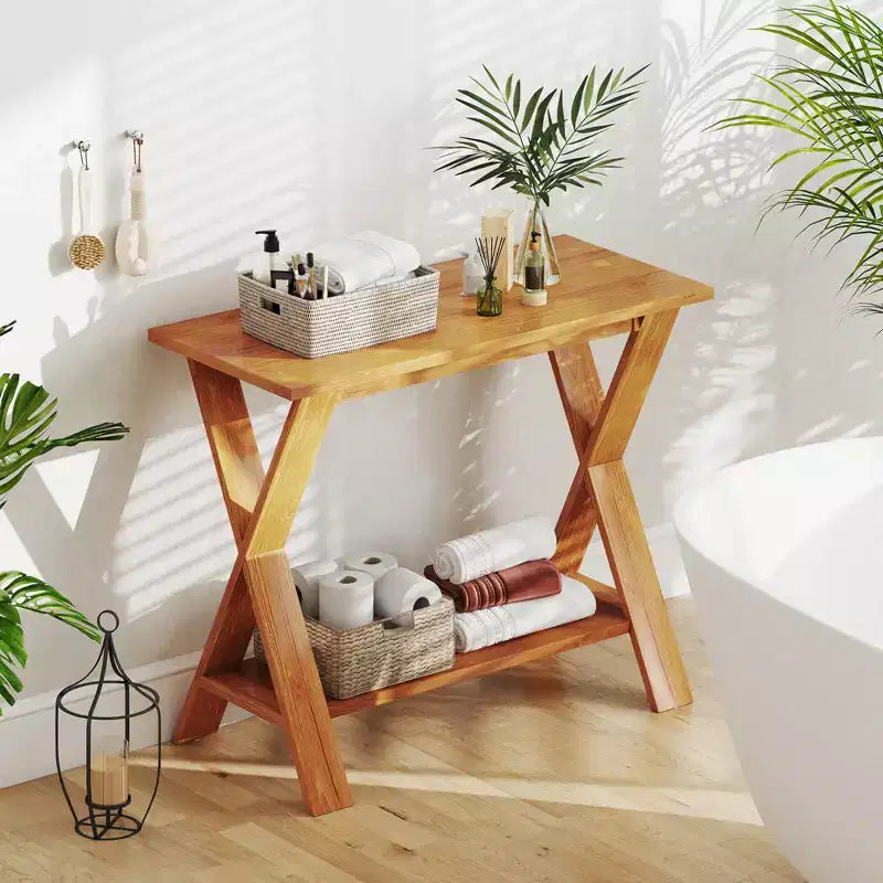 Table console Costway de 35,5 pouces de long avec étagère de rangement en teck massif
