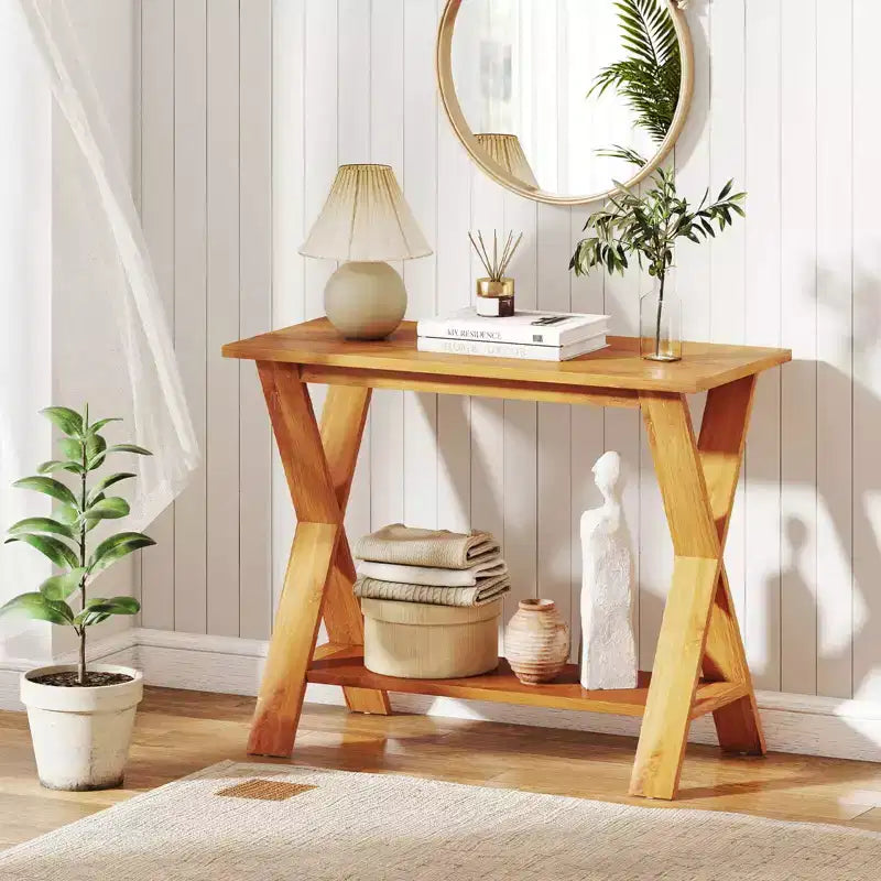 Table console Costway de 35,5 pouces de long avec étagère de rangement en teck massif