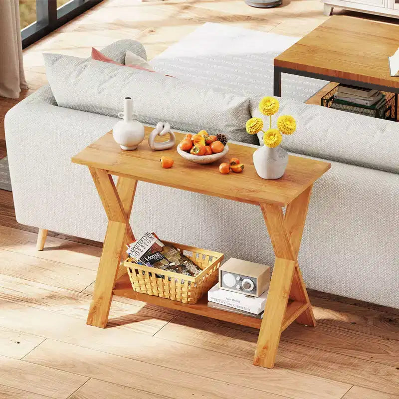Table console Costway de 35,5 pouces de long avec étagère de rangement en teck massif