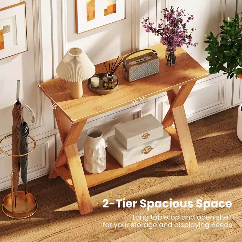 Table console Costway de 35,5 pouces de long avec étagère de rangement en teck massif