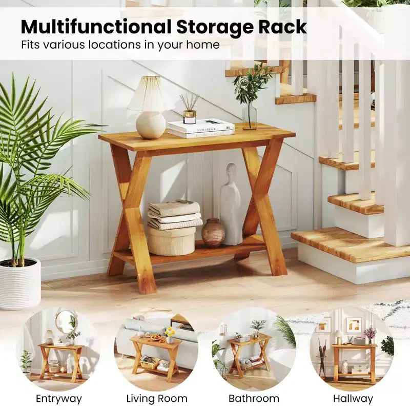 Table console Costway de 35,5 pouces de long avec étagère de rangement en teck massif