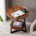 Tavolino rotondo, ripiano in legno da 50 cm e struttura in metallo nero, tavolino a 2 ripiani per soggiorno, camera da letto