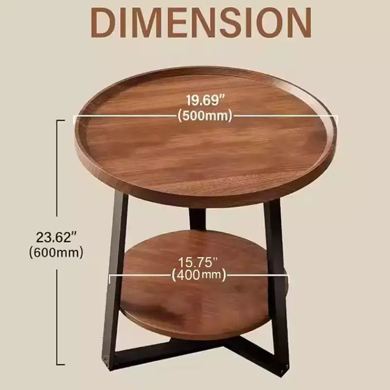 Tavolino rotondo, ripiano in legno da 50 cm e struttura in metallo nero, tavolino a 2 ripiani per soggiorno, camera da letto