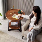 Round End Table, 19.69 IN Wood Tabletop & Black Metal Frame, 2-Tier Side Table for Living Room, Bedroom