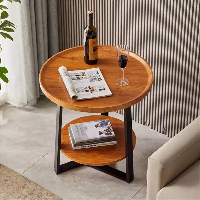 Tavolino rotondo, ripiano in legno da 50 cm e struttura in metallo nero, tavolino a 2 ripiani per soggiorno, camera da letto