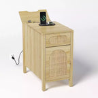 VINGLI Side Table with Charging Station, Rattan Night Stand with Drawers, Narrow End Table with Cabinet for Living Room, Bedroom, Oak