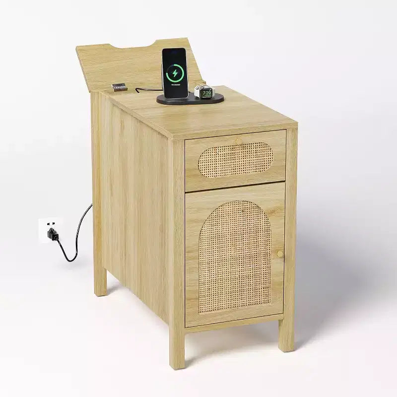VINGLI Side Table with Charging Station, Rattan Night Stand with Drawers, Narrow End Table with Cabinet for Living Room, Bedroom, Oak