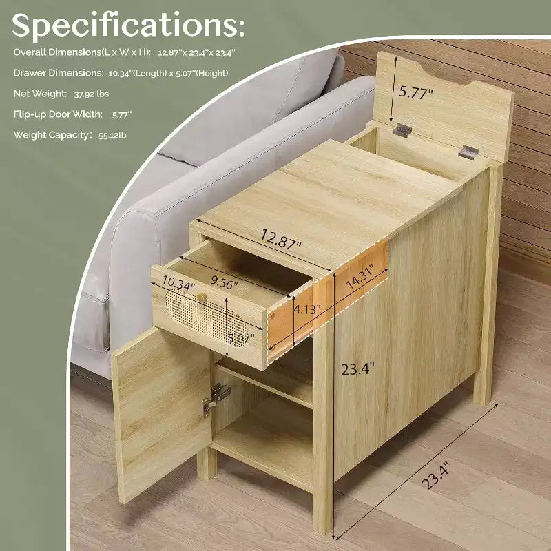 VINGLI Table d'appoint avec station de recharge, table de chevet en rotin avec tiroirs, petite table d'appoint avec armoire pour salon, chambre, couleur chêne