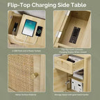 VINGLI Table d'appoint avec station de recharge, table de chevet en rotin avec tiroirs, petite table d'appoint avec armoire pour salon, chambre, couleur chêne