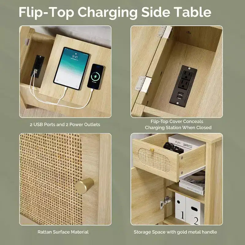 VINGLI Table d'appoint avec station de recharge, table de chevet en rotin avec tiroirs, petite table d'appoint avec armoire pour salon, chambre, couleur chêne