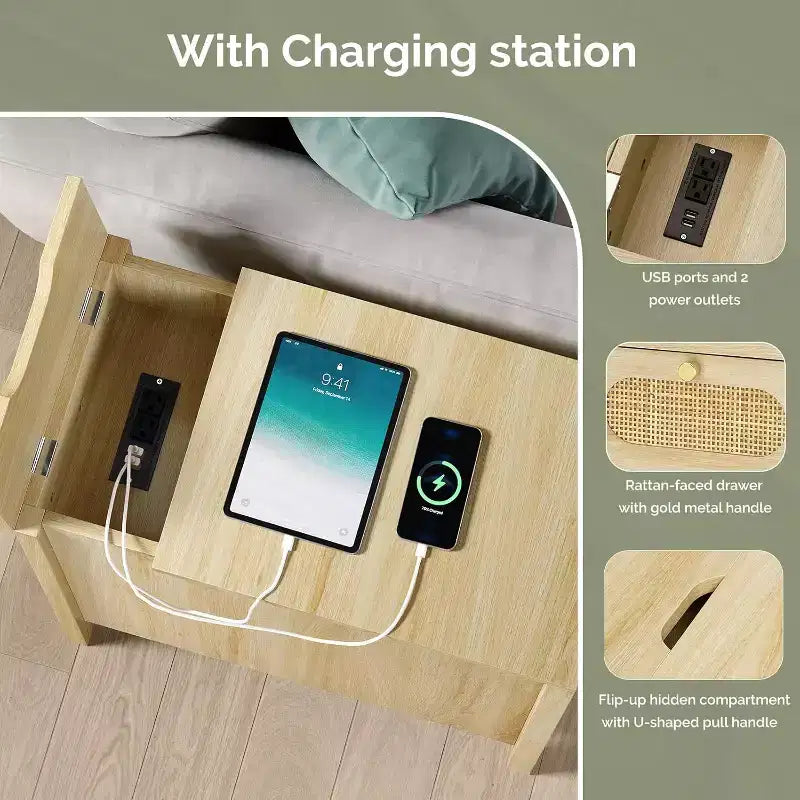 VINGLI Table d'appoint avec station de recharge, table de chevet en rotin avec tiroirs, petite table d'appoint avec armoire pour salon, chambre, couleur chêne