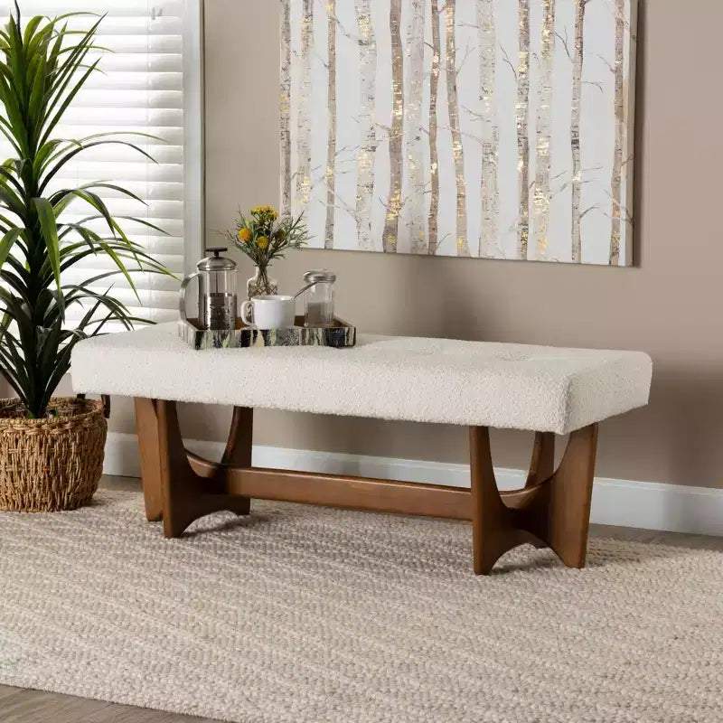 Baxton Studio Theo Mid-Century Modern Greyish Beige Fabric Upholstered Walnut Finished Bench