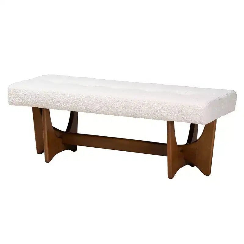 Panca Baxton Studio Theo, in tessuto beige-grigiastro in stile moderno di metà secolo, con finitura noce