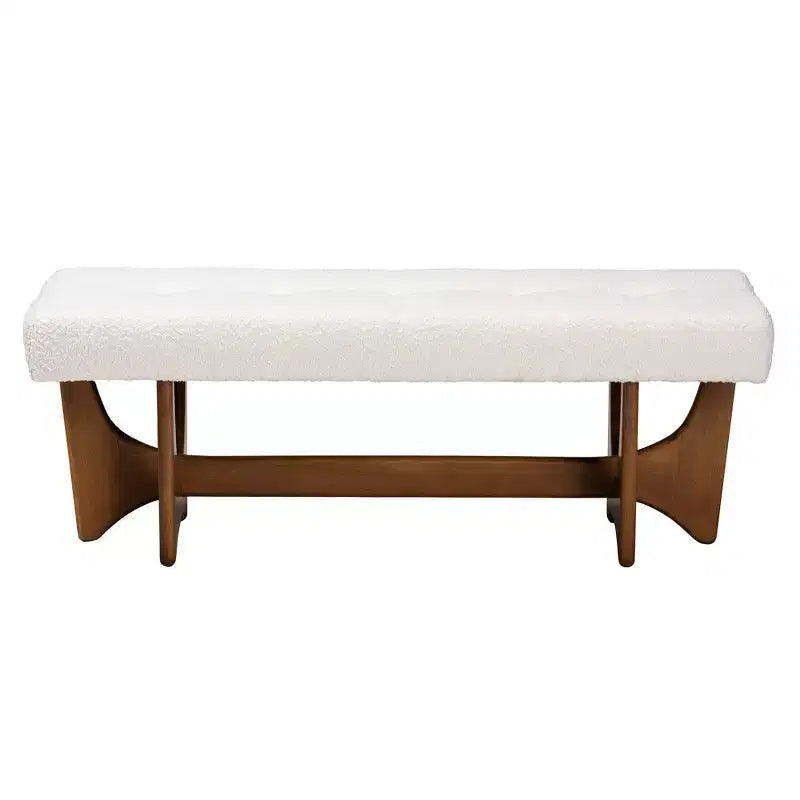 Panca Baxton Studio Theo, in tessuto beige-grigiastro in stile moderno di metà secolo, con finitura noce