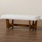 Panca Baxton Studio Theo, in tessuto beige-grigiastro in stile moderno di metà secolo, con finitura noce