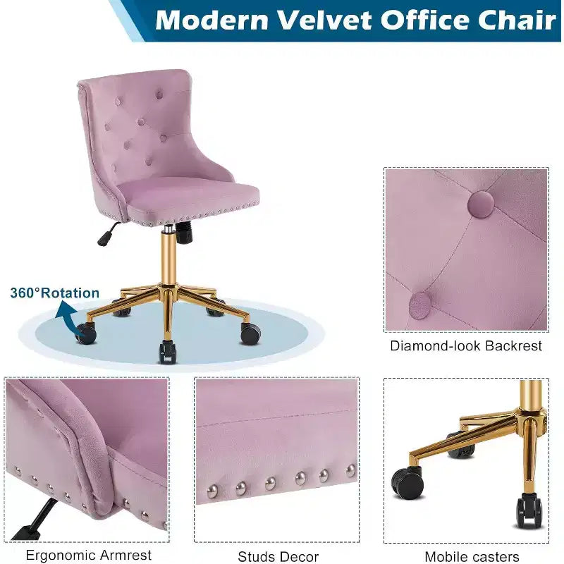 Sedia da scrivania senza braccioli VINGLI per ufficio con base/ruote dorate, sedia per toletta/trucco con schienale per camera da letto, sedia girevole con ruote per unghie