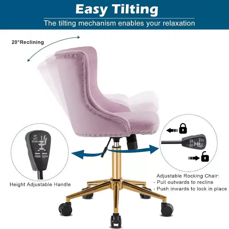 Sedia da scrivania senza braccioli VINGLI per ufficio con base/ruote dorate, sedia per toletta/trucco con schienale per camera da letto, sedia girevole con ruote per unghie