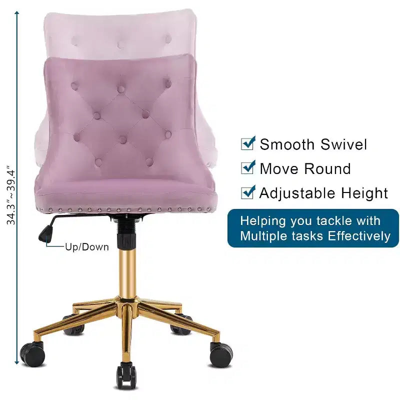 Sedia da scrivania senza braccioli VINGLI per ufficio con base/ruote dorate, sedia per toletta/trucco con schienale per camera da letto, sedia girevole con ruote per unghie