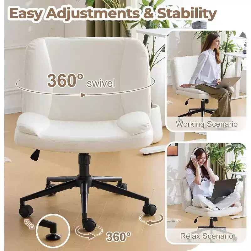 VINGLI Sedia da Scrivania Comoda Senza Braccioli con Imbottitura Spessa a Criss Cross, con Base a Doppio Uso, Girevole Regolabile, Moderna Sedia da Toilette, su Rotelle, in PU Cerato