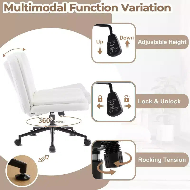 VINGLI Sedia da Scrivania Comoda Senza Braccioli con Imbottitura Spessa a Criss Cross, con Base a Doppio Uso, Girevole Regolabile, Moderna Sedia da Toilette, su Rotelle, in PU Cerato