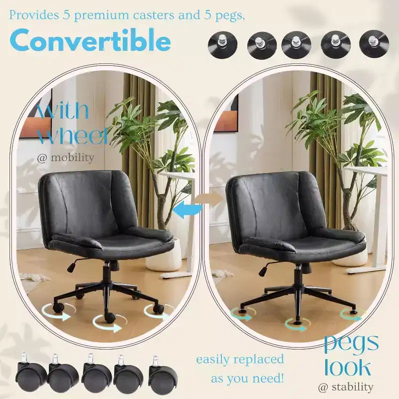VINGLI Sedia da Scrivania Comoda Senza Braccioli con Imbottitura Spessa a Criss Cross, con Base a Doppio Uso, Girevole Regolabile, Moderna Sedia da Toilette, su Rotelle, in PU Cerato