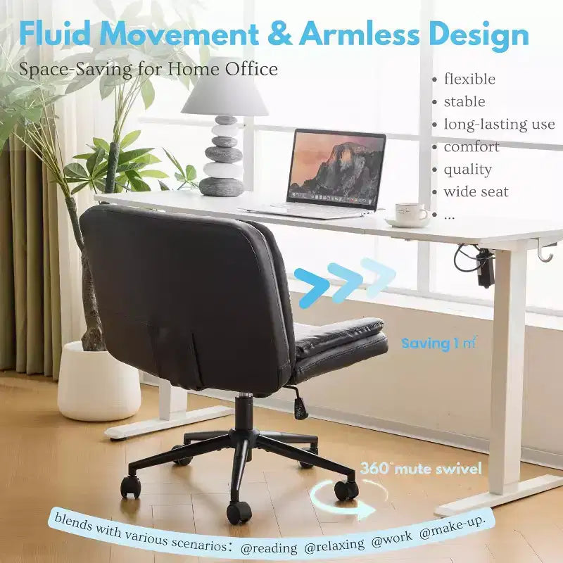 VINGLI Sedia da Scrivania Comoda Senza Braccioli con Imbottitura Spessa a Criss Cross, con Base a Doppio Uso, Girevole Regolabile, Moderna Sedia da Toilette, su Rotelle, in PU Cerato