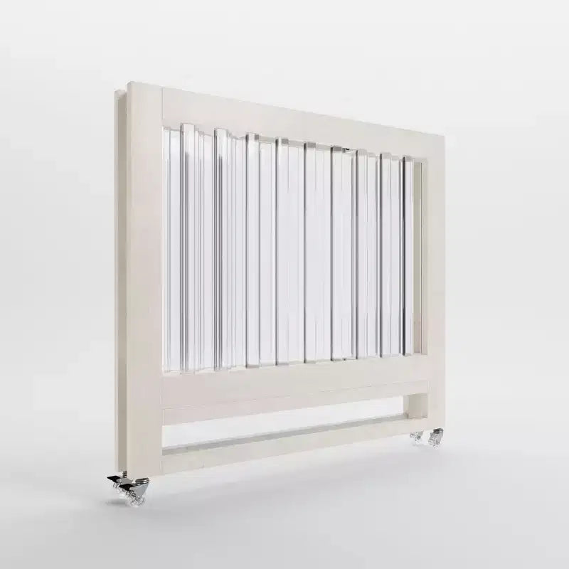 Culla pieghevole MelO Caress, telaio moderno in acrilico con 4 livelli di altezza, ruote scorrevoli e design facile da piegare Bianco lavato