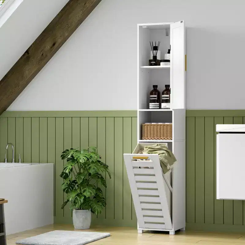VECELO Tall Bathroom Cabinet With Mirror & Door, Tilt Out Laundry Hamper Cabinet with Removable Laundry Basket, White