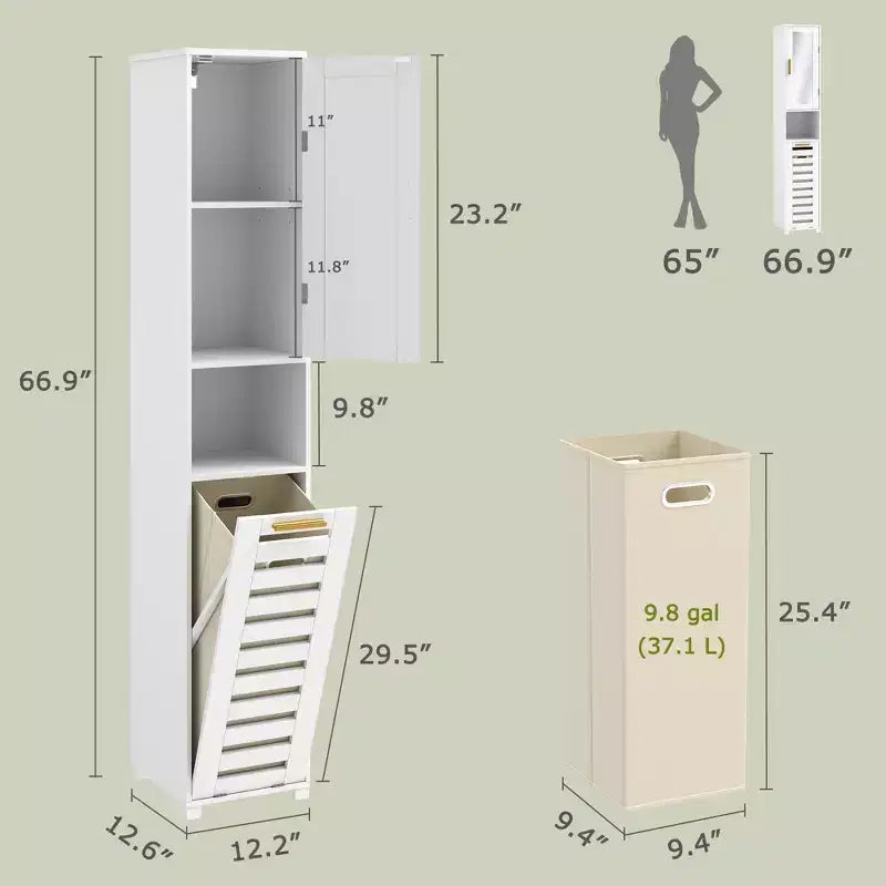 VECELO Armadietto Alto da Bagno con Specchio e Anta, Mobile Cesto Portabiancheria Inclinabile con Cesto Estraibile, Bianco