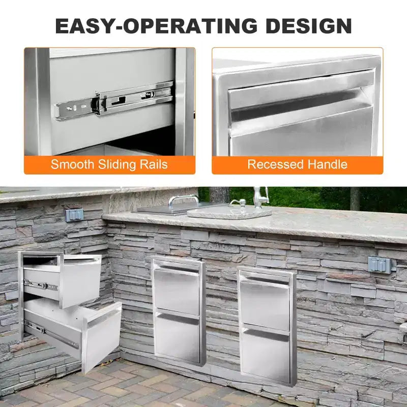 Tiroirs de barbecue encastrables en acier inoxydable 13 x 21 avec poignée rainurée, pour îlot de cuisine extérieur ou station de barbecue de patio