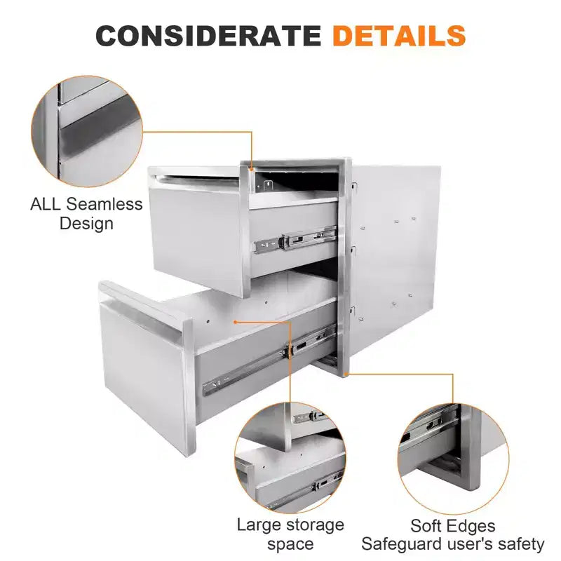 Tiroirs de barbecue encastrables en acier inoxydable 13 x 21 avec poignée rainurée, pour îlot de cuisine extérieur ou station de barbecue de patio