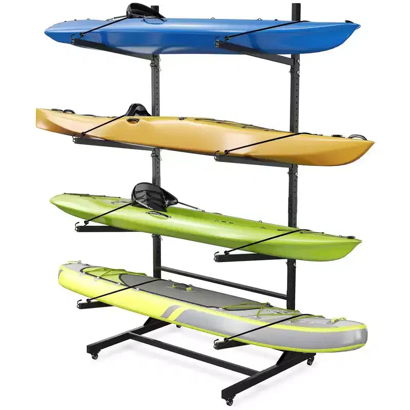 Kayak Storage Rack for 2-6 Kayaks Freestanding Kayak Rack for Outdoor Storage with Movable Wheels,Heavy-Duty Steel Kayak Hanger Holder with Straps
