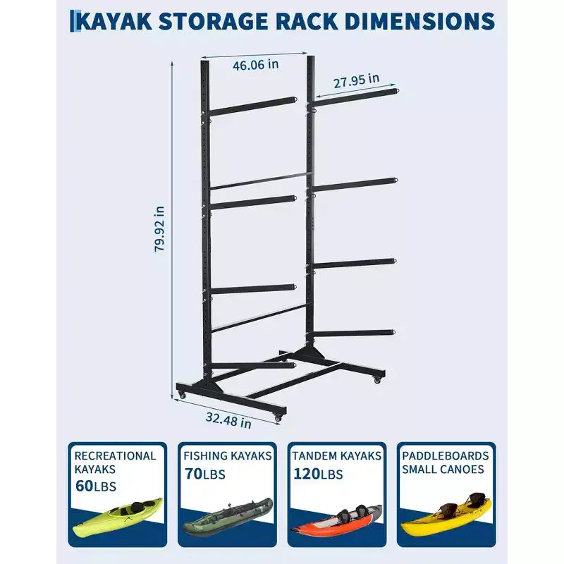 Porta Kayak da 2-6 Kayak, Porta Kayak Autoportante da Esterno con Ruote Mobili, Porta Kayak in Acciaio Resistente con Cinghie