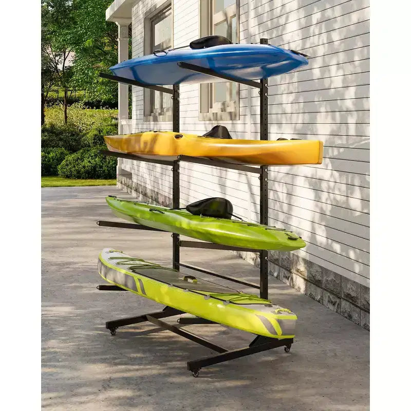 Porta Kayak da 2-6 Kayak, Porta Kayak Autoportante da Esterno con Ruote Mobili, Porta Kayak in Acciaio Resistente con Cinghie