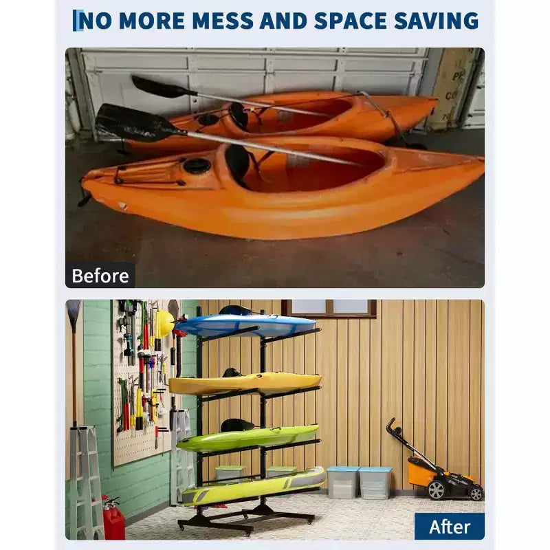 Porta Kayak da 2-6 Kayak, Porta Kayak Autoportante da Esterno con Ruote Mobili, Porta Kayak in Acciaio Resistente con Cinghie