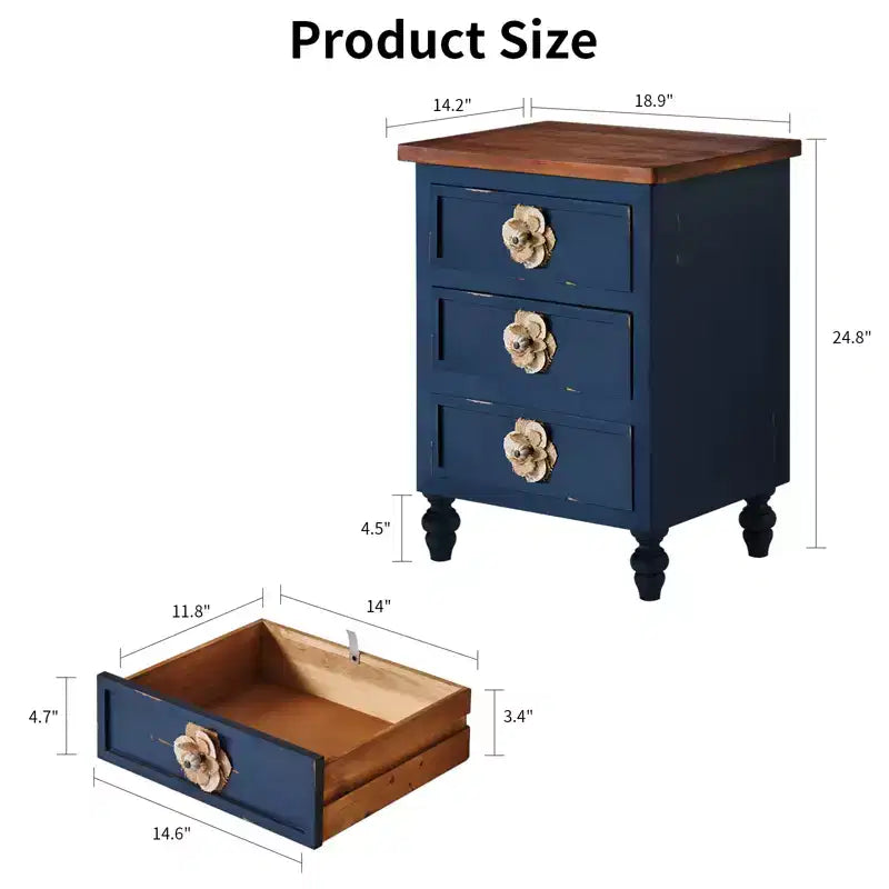 Comodino ModernLuxe con 3 cassetti e pomelli floreali, tavolino laterale da letto o da divano in stile rustico vintage