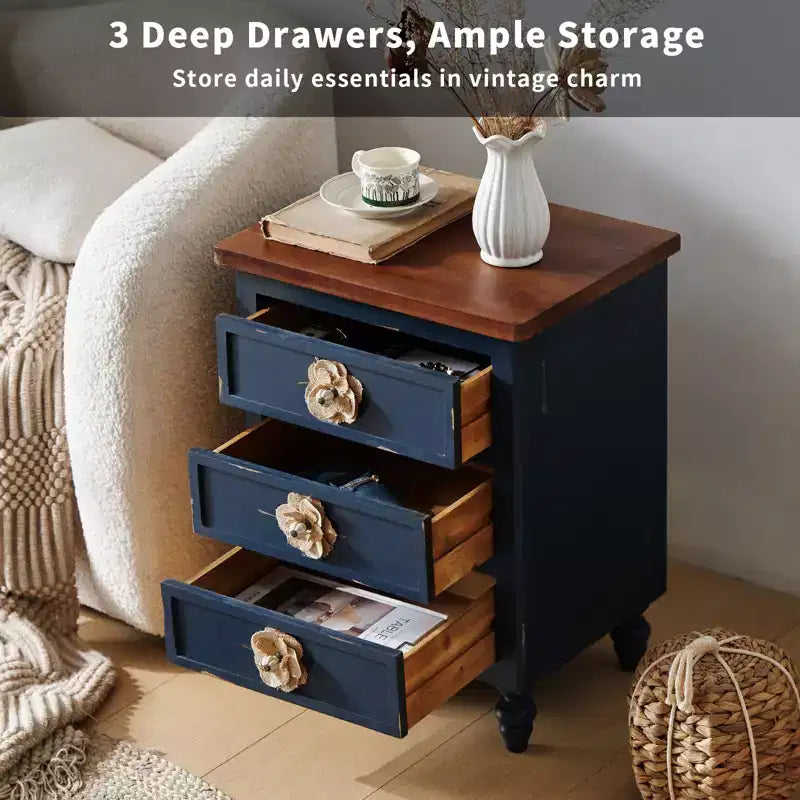 Comodino ModernLuxe con 3 cassetti e pomelli floreali, tavolino laterale da letto o da divano in stile rustico vintage