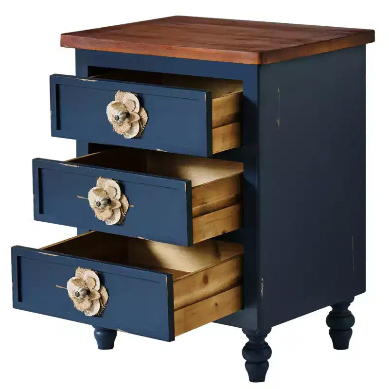 Comodino ModernLuxe con 3 cassetti e pomelli floreali, tavolino laterale da letto o da divano in stile rustico vintage