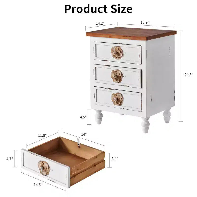 Comodino ModernLuxe con 3 cassetti e pomelli floreali, tavolino laterale da letto o da divano in stile rustico vintage